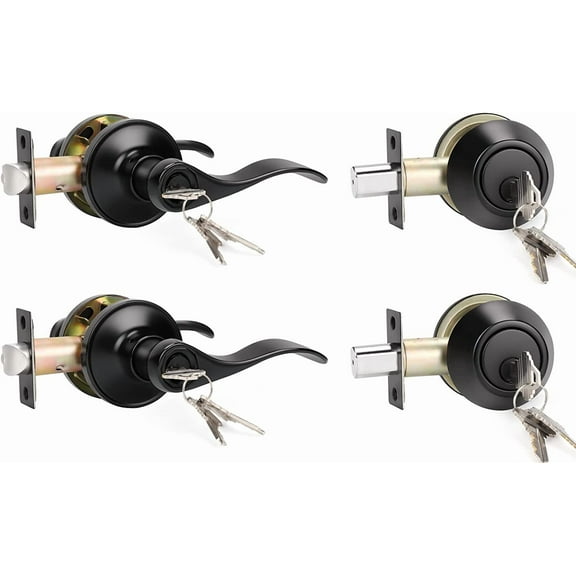2 Pack Front Door Entry Lever Lockset with Single Cylinder Deadbolt, Keyed Alike Exterior Leverset and Dead Bolt Lock Set, Black Door Handle Lever Lock with Deadbolt