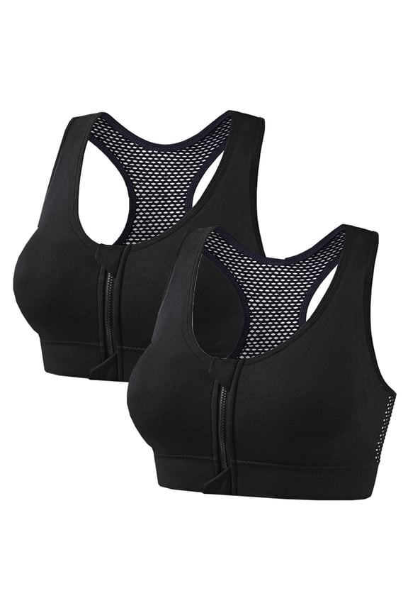 2 Pack Front Zipper Sports Bras for Women Wireless Comfort Compression Support Racerback Active Yoga Sports Bras