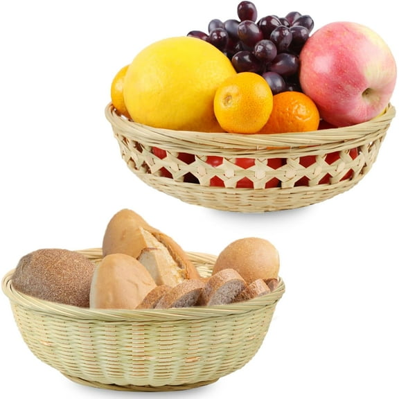 2 Pack Fruit Basket,Natural Bamboo Made Vegetables Bread Basket,Light-weight Reusable Handwoven Kitchen Storage Basket,9.5 x 2.7inches