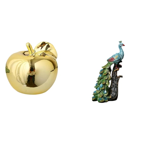 2 Pack Fruit Sculpture Peacock Statue Decorative Figurine Glazed Ceramic for Living Room Bedroom Office Table