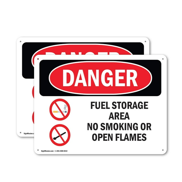 (2 Pack) Fuel Storage Area No Smoking Or Open Flames OSHA Danger Sign 14 Inch X 10 Inch Plastic Sign, Weather Resistant, UV Protected for Workplace, Business, and Construction Site,