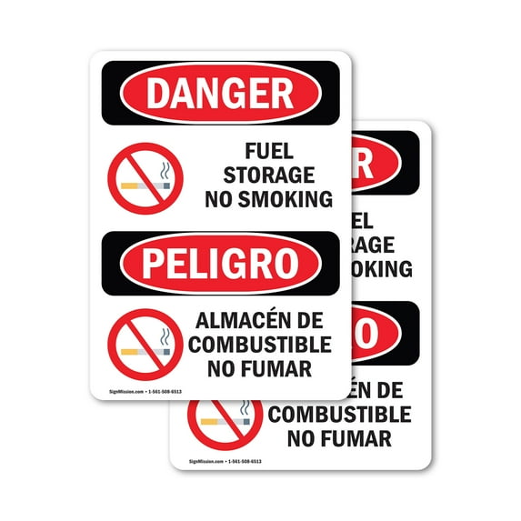 (2 Pack) Fuel Storage No Smoking Bilingual OSHA Danger Sign 10 Inch X 14 Inch Vinyl Label Decal Sticker Weather Resistant, UV Protected for Workplace, Business, and Construction Site,