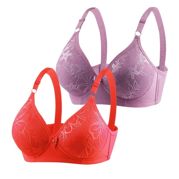 2 Pack Full Coverage Bras for Women Padded T Shirt Bra Comfort Bralette Plus Size V Neck Bras Gifts for Mom (S, Red+Purple)