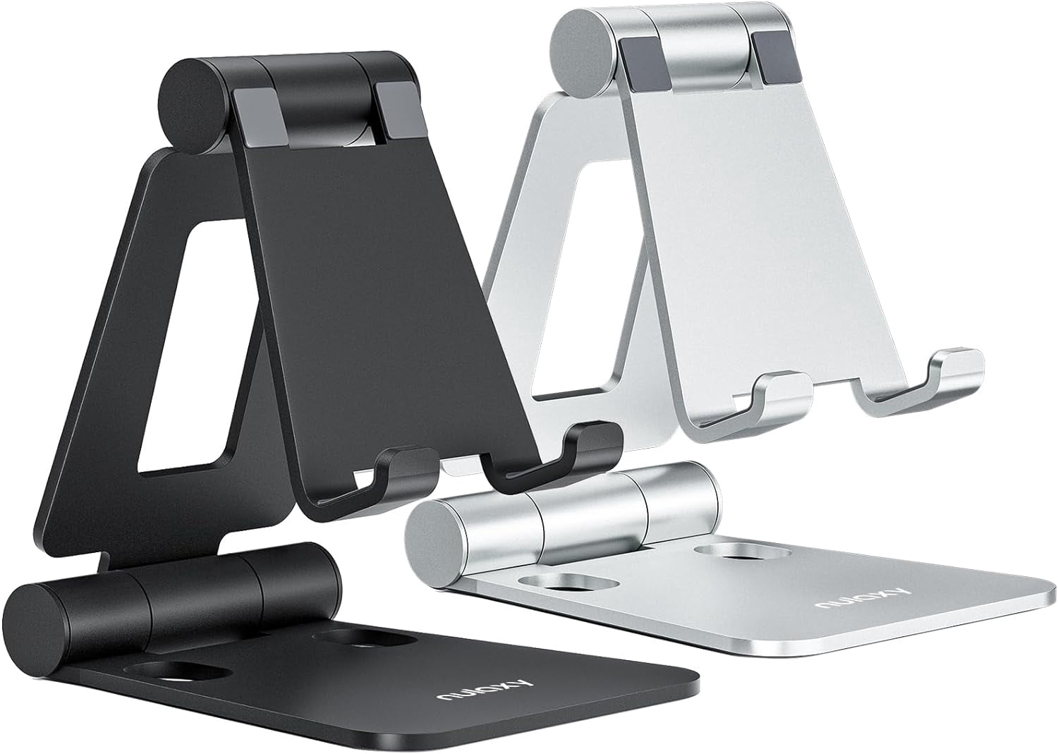 2 Pack Fully Aluminum Dual Folding Cell Phone Stand, Adjustable Foldable Desktop Phone Holder for Desk Compatible with iPhone 17 16 15 14 13 12 11 Pro Max Xs Xr X 8, All Phones, Black & Silver