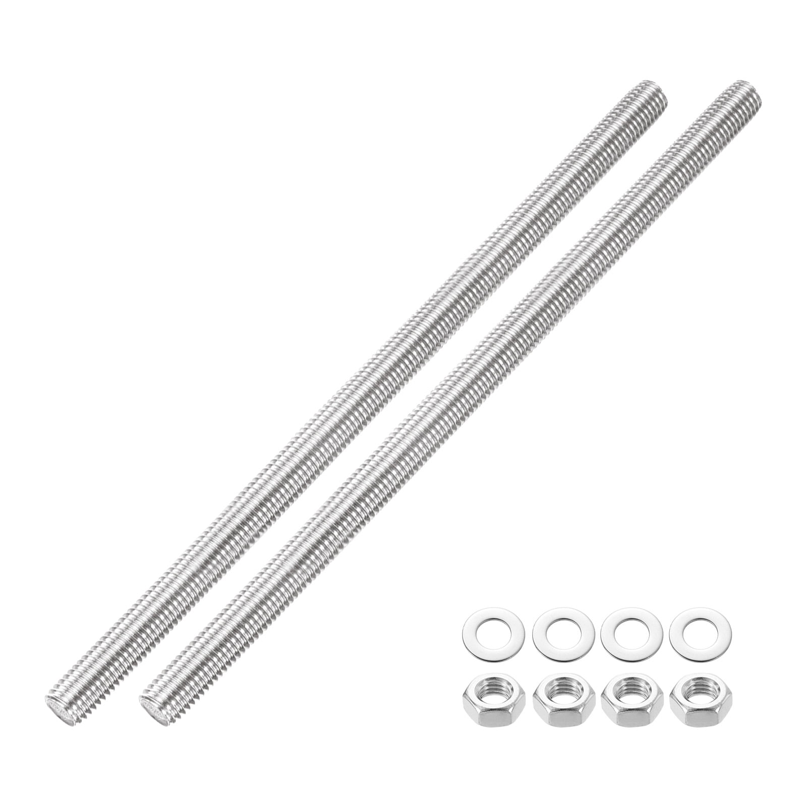 2 Pack Fully Threaded Rod, M12 x 250mm 201 Stainless Steel Right Hand Threads Rods with Nuts and Flat Washer