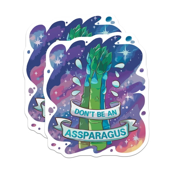(2 Pack) Funny Asparagus Stickers - Assparagus Pun Humor Decals - Sarcastic Vegetable Quote - Space Galaxy Theme - 5" On Longest Side - Sticks to Smooth Flat Surfaces - Made in USA - BMCS21381