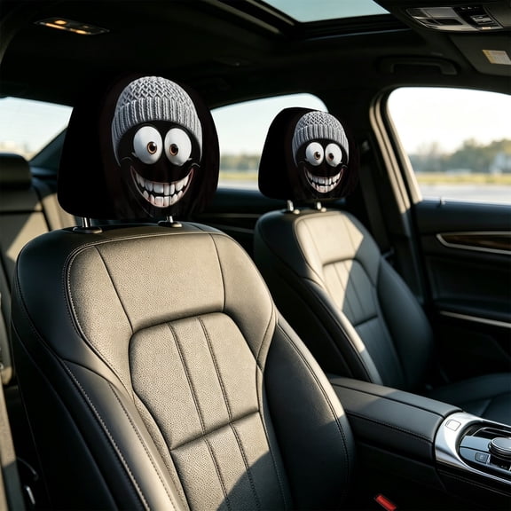 2 Pack Funny Grinning Face Car Headrest Covers, Stretch Universal Printed Auto Seat Head Pillow Protectors
