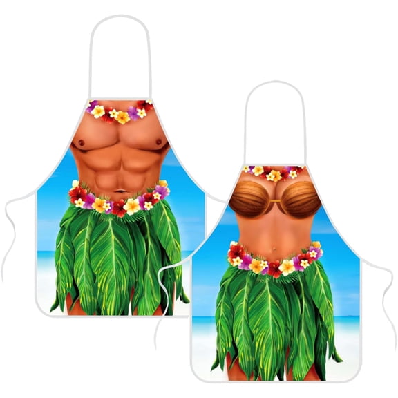 2 Pack Funny Hawaiian Apron, Creative Cooking Holiday Bikini Apron with Adjustable Waist Ties for Men Women Party Cooking Baking BBQ