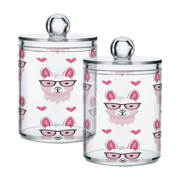 2 Pack Funny Llamas with Glasses Qtip Holder Dispenser Clear Plastic Storage Apothecary Jars for Cotton Swabs Balls Pads Floss