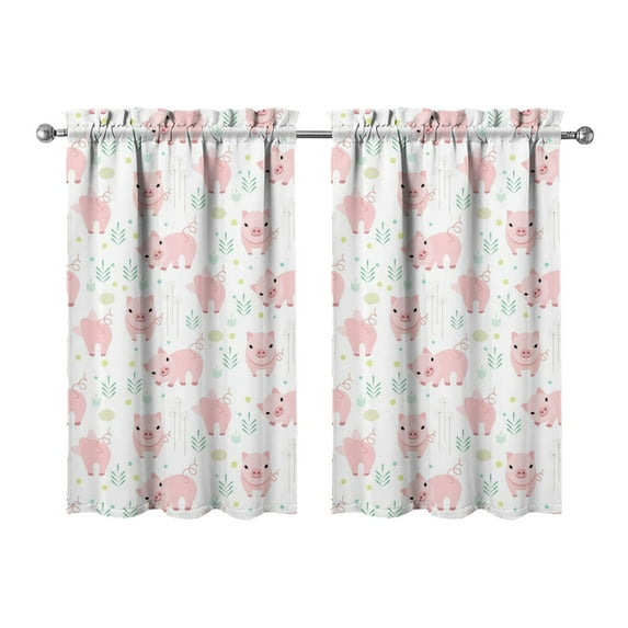 2 Pack Funny Pig Farmhouse Curtains 27.5x39 Inch, Cute Animal Watercolor Print Tier Kitchen Curtains, Artistic Rod Pocket Window Panels for Bathroom or Cafe