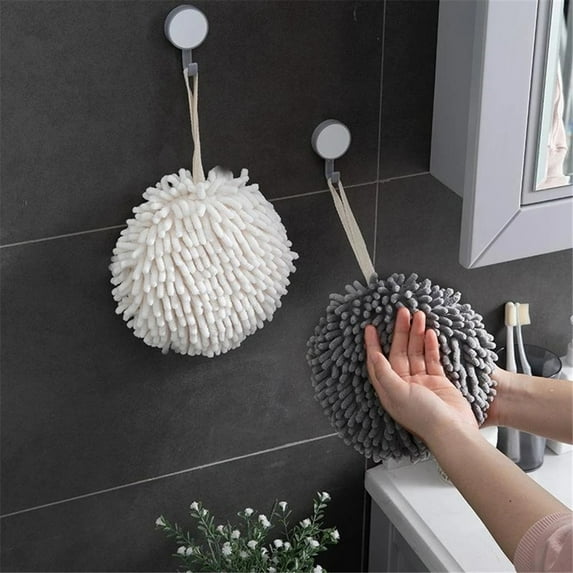 2 Pack Fuzzy Chenille Hand Towels Ball, Hanging Hand Towels with Loop for Kitchen Bathroom,Soft Absorbent Hand Bath Towels