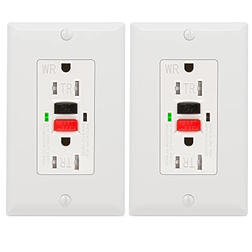 2 Pack -  GFCI Outlet 15 Amp, UL Listed, Self-Test GFI Receptacles, TamperResistant, Weather Resistant, LED Indicator, with Decor Wall Plates and Screws, Indoor or Outdoor Use (Red/Black)
