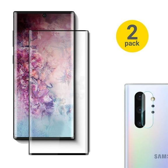 [2 Pack] Galaxy Note 10 Plus 6.8" Screen Protector & Camera Lens Protector, Allytech 3D Curved Edge Tempered Glass Support Fingerprint Sensor HD Clear Full Coverage for Samsung Galaxy Note10+