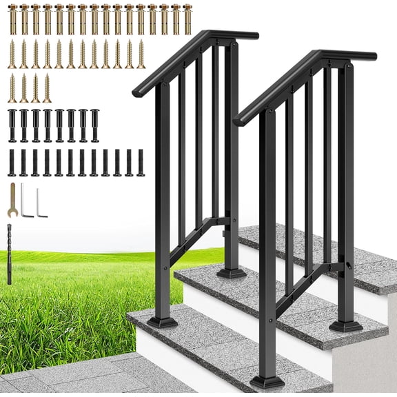 2-Pack Galvanized Steel Hand Rails for Outdoor Steps 13.5" Black Oval and Safety Balusters Exterior Railing Kit for Porch, Deck, or Indoor Stairs (2-Step, Black)