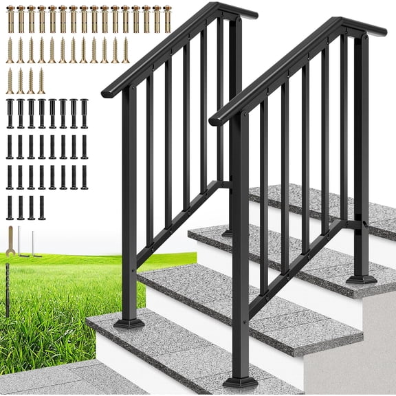 2-Pack Galvanized Steel Hand Rails for Outdoor Steps 27.1" Black Oval and Safety Balusters Exterior Railing Kit for Porch, Deck, or Indoor Stairs (3-Step, Black)