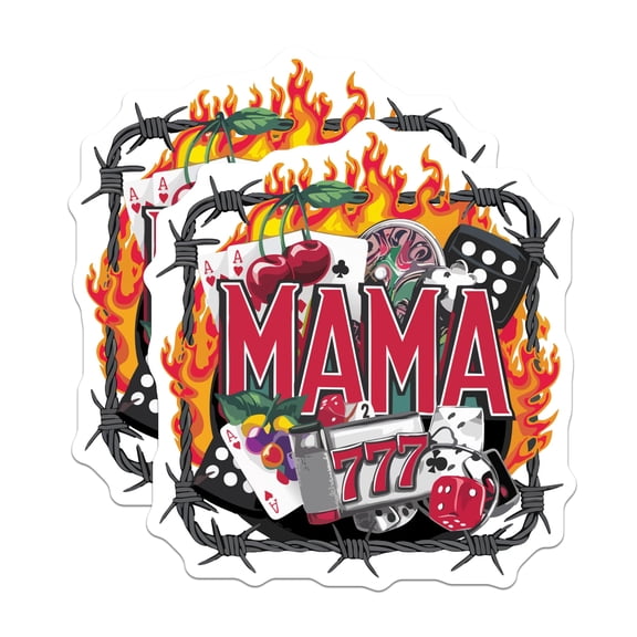 (2 Pack) Gambler Mama Magnets - Barbed Wire Flames Motif - Lucky Casino Dice Slot Machine Poker Cards 777 Aces Game - 5 Inches On Longest Side - Thick Durable Magnet - Made in USA - MAG21486