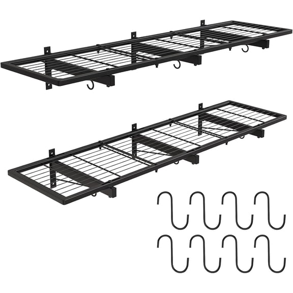 2 Pack Garage Wall Shelves, 46"X 12.5" Garage Shelving Wall Mounted, Heavy Duty Shelf Organizer with 8 Hooks, Black Floating Storage Metal Rack 320 LBS Capacity for Laundry Room, Office, Basement