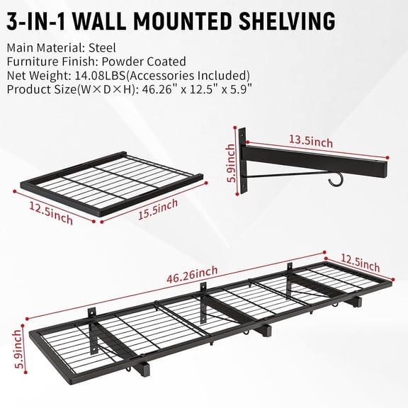 2 Pack Garage Wall Shelves Heavy Duty Metal Floating Storage Rack with 8 Hooks for Laundry Room Office Basement