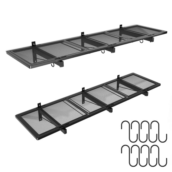 2 Pack Garage Wall Shelving,46"X 12.5" Garage Shelving Wall Mounted,Heavy Duty Garage Storage Rack with 8 Hooks,320 LBS Capacity,Black Metal Floating Organizer Shelves for Laundry,Warehouse
