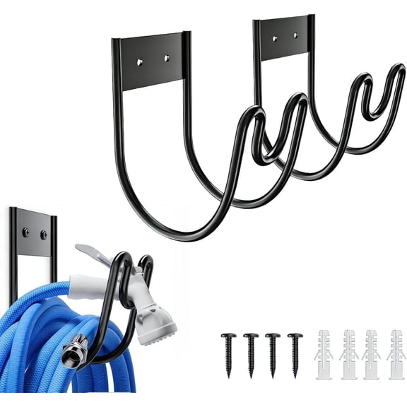 2 Pack Garden Hose Holder Wall Mount, Heavy Duty Metal Water Hose Hanger Black, Hose Hook for Outside Yard Garage, Easy Installation