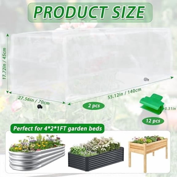 2 Pack Garden Netting for Raised Beds, 4x2FT Raised Bed Plant Covers for Garden Protection, Fine Mesh Bird Netting Pest Barrier Screen with Drawstring and Clips for Protecting Vegetables Fruits Crops