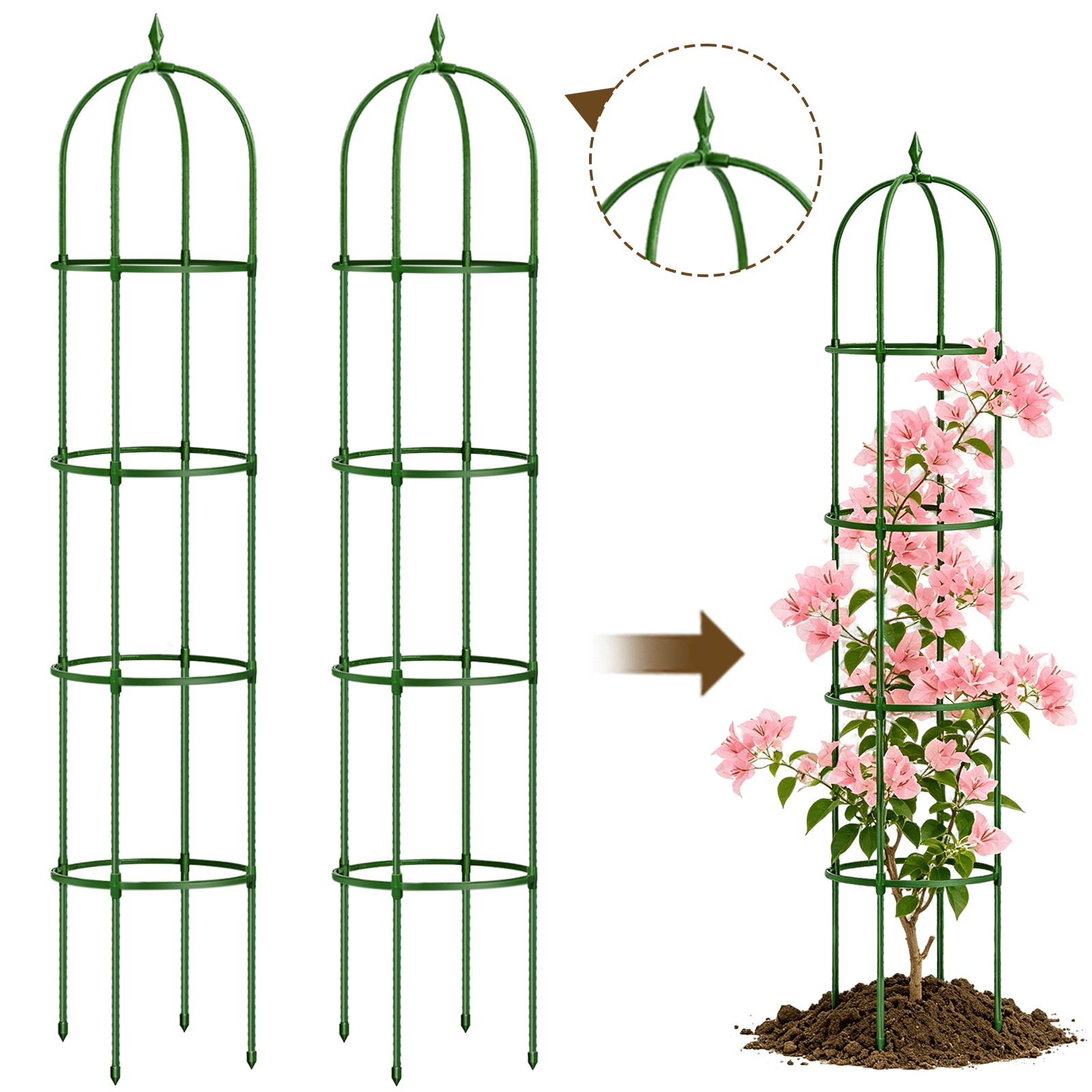 2 Pack Garden Obelisk Trellis for Climbing Plants,63" Metal Rustproof Plant Support Rose Trellis, Tower Potted Cages for Flowers Fruits Vegetable Vines Indoor & Outdoor, Green(4 Tiers)