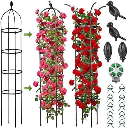 2 Pack Garden Obelisk Trellis for Climbing Plants Outdoor Indoor, 6 Ft Round Rustproof Metal Pot Plant Support Trellis for Rose Bush Clematis Vine Jasmine Flower Morning Glory Potted Plants Black$$