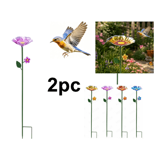 2 Pack Garden Pollinator Water Bath for Bees & Insects, Bright Metal Floral Drinking Station, Decorative Stake Draws Butterflies, Simple Assembly Durable Outdoor Lawn Decor