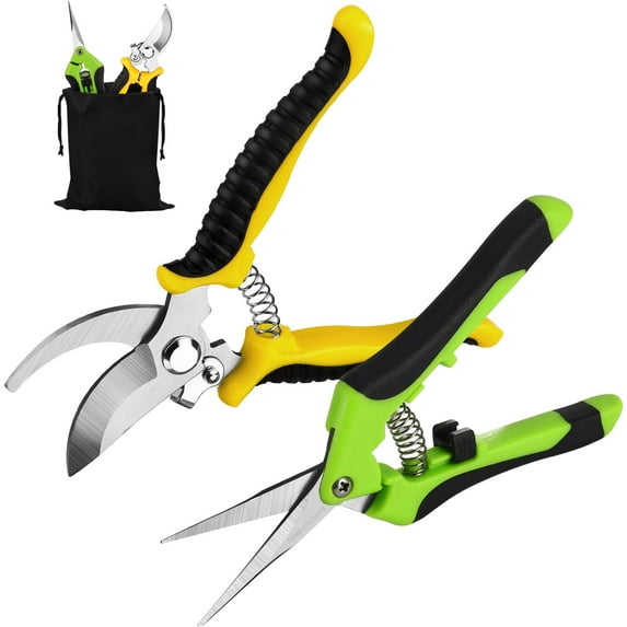 2 Pack Gardening Shears - Stainless Steel Pruning Shears Set with Storage Bag, Sharp Garden Scissors for Trimming Plants Flowers Branches, Ergonomic Hand Pruners Clippers Tools