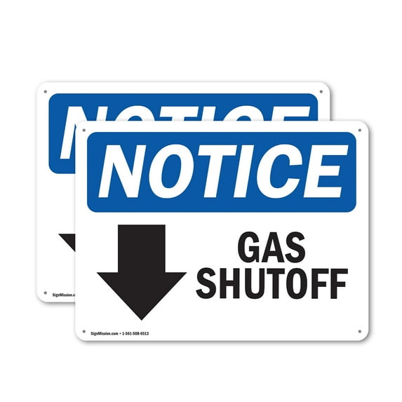 (2 Pack) Gas Shutoff [Down Arrow] OSHA Notice Sign 10 Inch X 7 Inch Indoor / Outdoor Rust-Free Aluminum Metal Signs for Workplace, Workshop, and Construction Site, Made in the USA