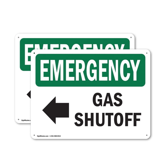 (2 Pack) Gas Shutoff [Left Arrow] With Symbol OSHA Emergency Sign 18 Inch X 12 Inch Plastic Sign, Weather Resistant, UV Protected for Workplace, Business, and Construction Site, Made in
