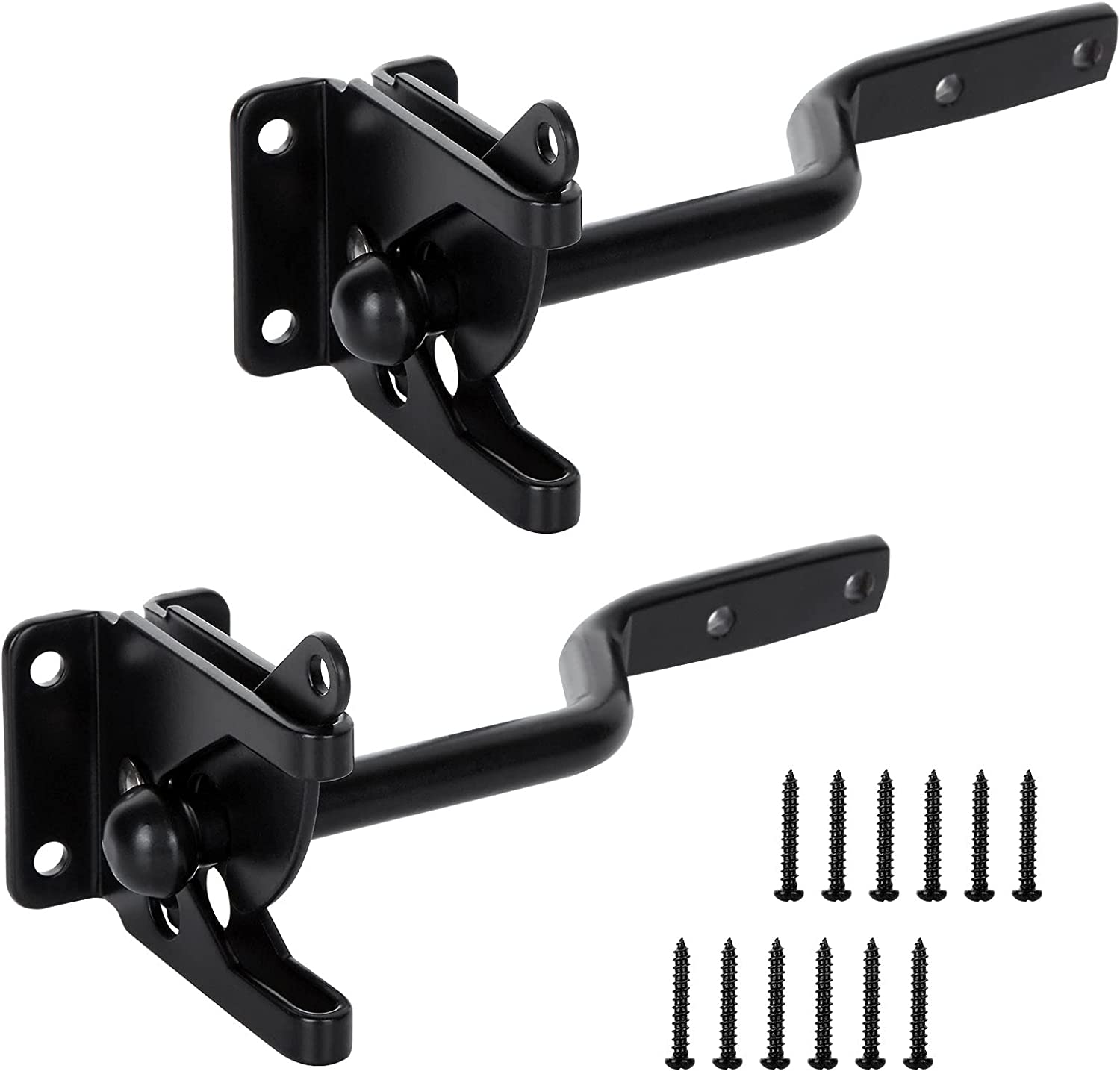 2 Pack Gate Latch for Wooden Fence, Gravity Self Locking Black Door Lock Heavy Duty Wood Metal Door Hardware Kit Stainless Steel Latches Automatic Closing for Outdoor Garden Yard Pool