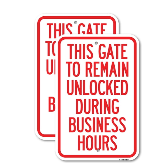 (2 Pack) This Gate to Remain Unlocked During Business Hours | 18" X 24" Heavy-Gauge Aluminum Sign | Rust Free Aluminum, Weather Resistant, Waterproof, Fade Resistant, 2 Pre-drilled
