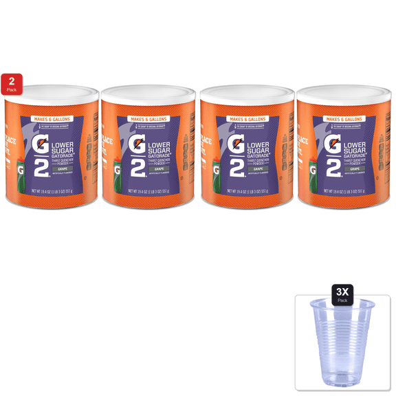 2 Pack | Gatorade Thirst Quencher Powder,G2 Low Calorie,Grape,19.4 Ounce,(Pack Of 6) & 3x 9oz Disposable Plastic Cups