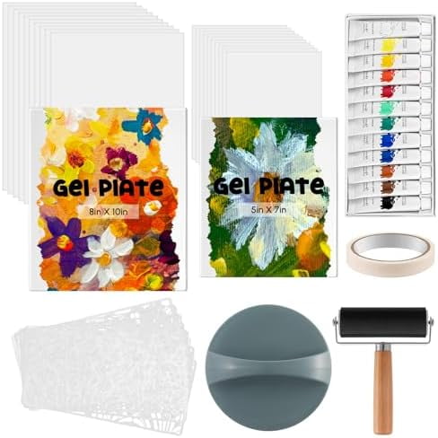 2 Pack Gel Printing Plate Kit Complete Printmaking Set with 8" x 10", 5" x 7" Gelatin Plate Brayer Printmaking Paper Acrylic Paint and Essential Tools for Mixed Media Art Card Making$$Art & Craft