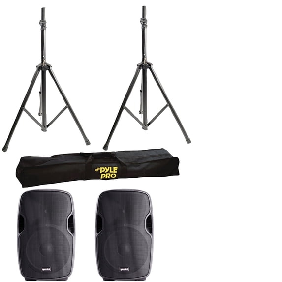 2 Pack Gemini AS-10P 10" Powered Loudspeaker & Pyle Pro PSTK103 Heavy-Duty Aluminum Anodizing Dual Speaker Stand With Traveling Bag Kit