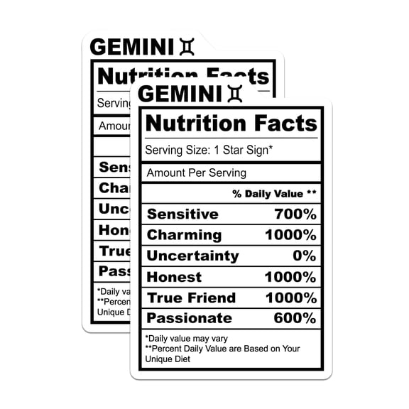 (2 Pack) Gemini Zodiac Sign Magnets - Nutrition Facts - Horoscope Magnet Set - 5" On Longest Side - Premium Magnet - for Cars, Refrigerators, Toolboxes, Lockers - Made in USA - MAG15120