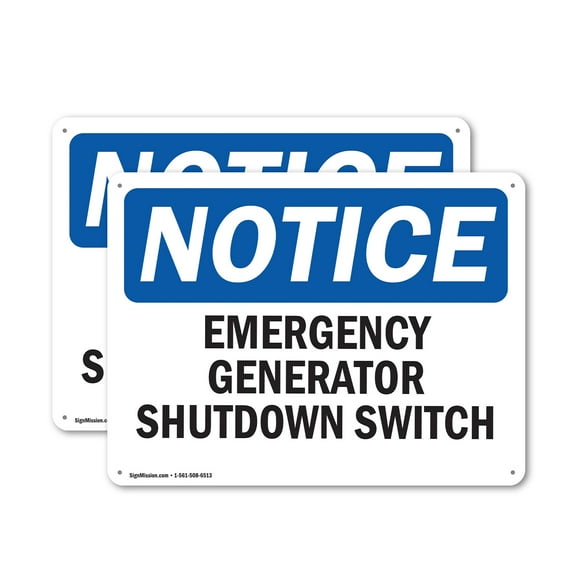 (2 Pack) Generator Emergency Shutdown Switch OSHA Notice Sign 14 Inch X 10 Inch Indoor / Outdoor Rust-Free Aluminum Metal Signs for Workplace, Workshop, and Construction Site, Made in