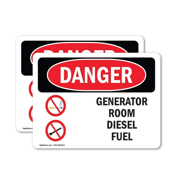 (2 Pack) Generator Room Diesel Fuel OSHA Danger Sign 10 Inch X 7 Inch Vinyl Label Decal Sticker Weather Resistant, UV Protected for Workplace, Business, and Construction Site, Made in