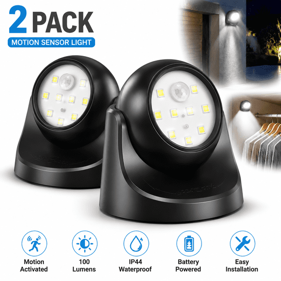 2 Pack Genreen 6000K Battery Motion Sensor Light , Outdoor Waterproof Wireless LED Battery Powered Wall Light , Auto On/Off Night Light 2 Pack Cool White