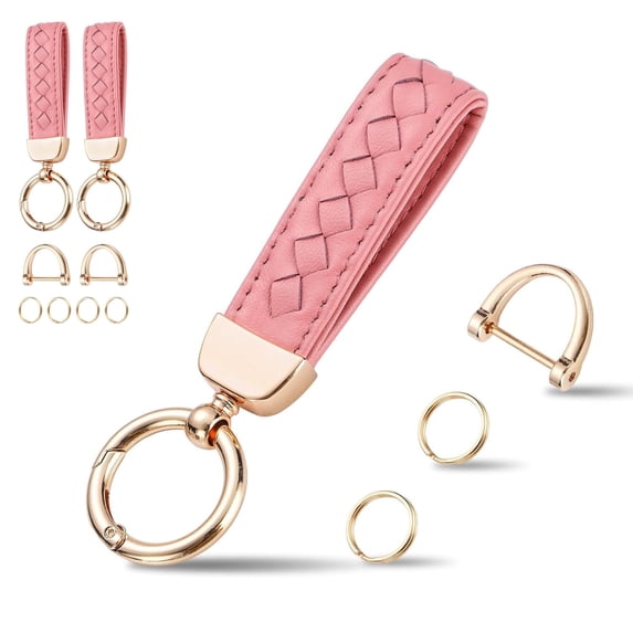 2 Pack Genuine Leather Car Keychain, Handmade Knit Sheepskin Key chains for Women, Universal Key Fob Holder with 360 Degree Rotatable, Anti-Lost D-Ring, 4 Keyrings and 2 Screwdriver