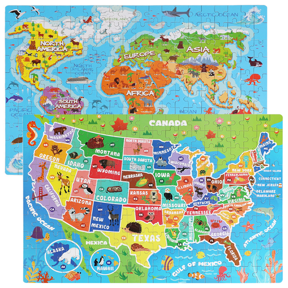 2-Pack Geography Map Jigsaw Puzzles for Kids, 200 Pieces USA Map & World Map Puzzles for Kids Ages 3-8 Learning & Educational Toy Gift for Boys & Girls