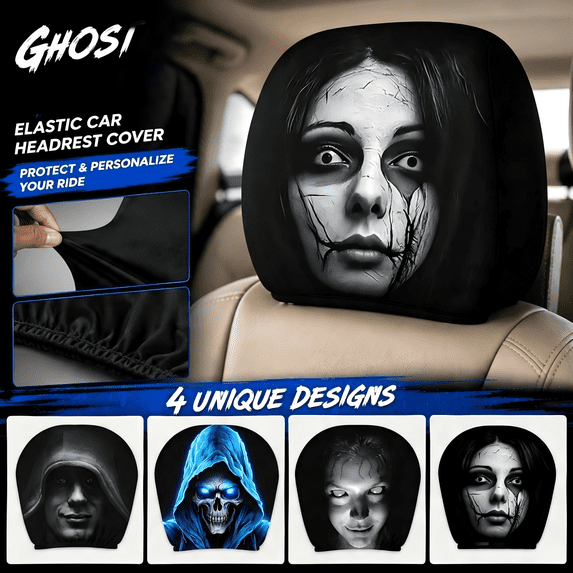 2 Pack Ghost Face Headrest Covers for Cars, Universal Elastic Funny Auto Seat Protector,Halloween Decoration