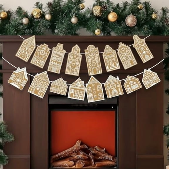 2 Pack Gingerbread Houses Garland Banner Christmas Hanging Decorations DIY Gingerbread Tree Ornaments Christmas Bunting Banner for Xmas Holiday Mantel Wall Home Decor