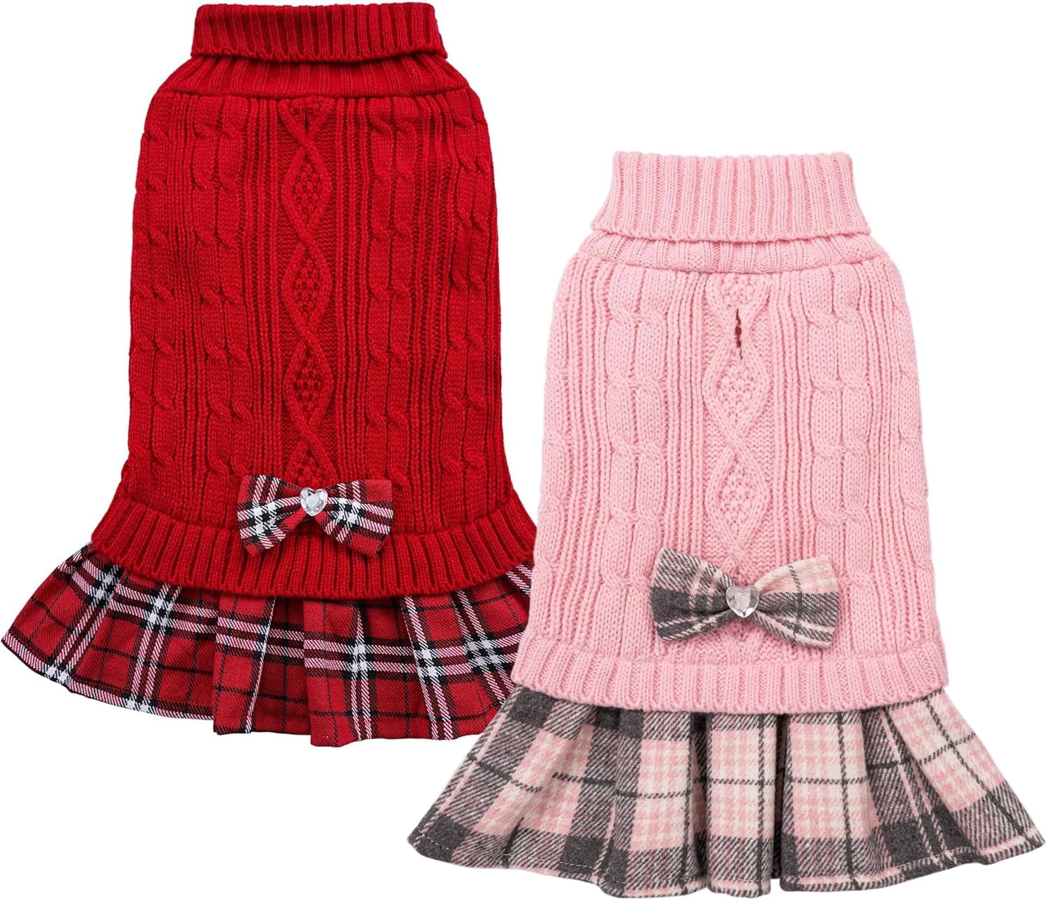 2 Pack Girl Dog Sweater Dress with Bowtie Turtleneck Knitted Small Dog Sweater Dress with Leash Hole, Puppy Winter Clothes Warm Sweaters for Yorkies Chihuahua (Large, Pink+Red)