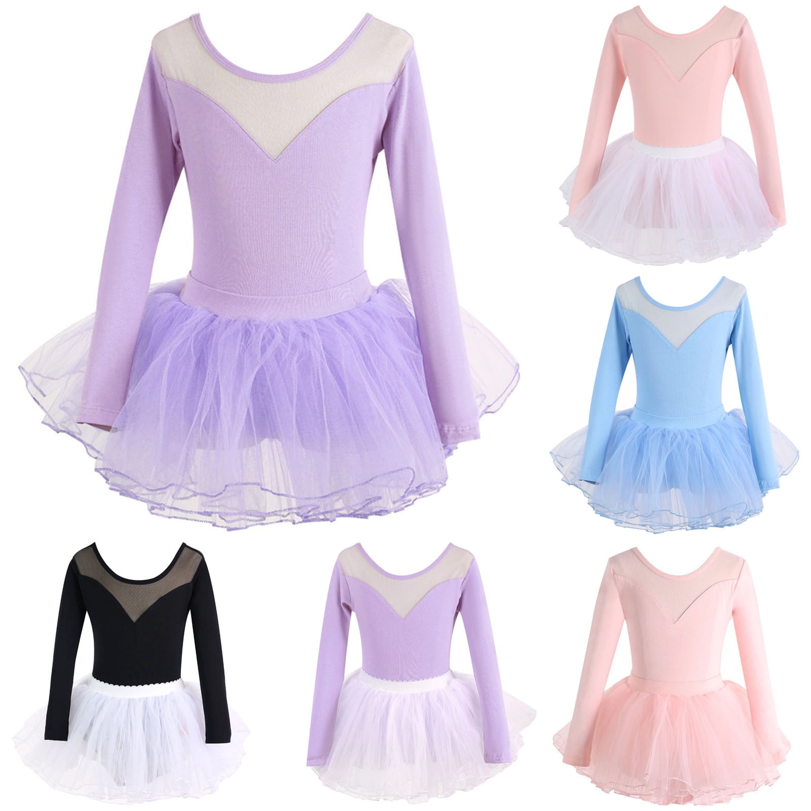 2 Pack Girls Ballet Dance Dresses Long Sleeve Size 3-18 Juniors Teens Trendy Stretchy Slim-Fit A-Line Layered-Tulle Solid Crewneck Workout Dress
