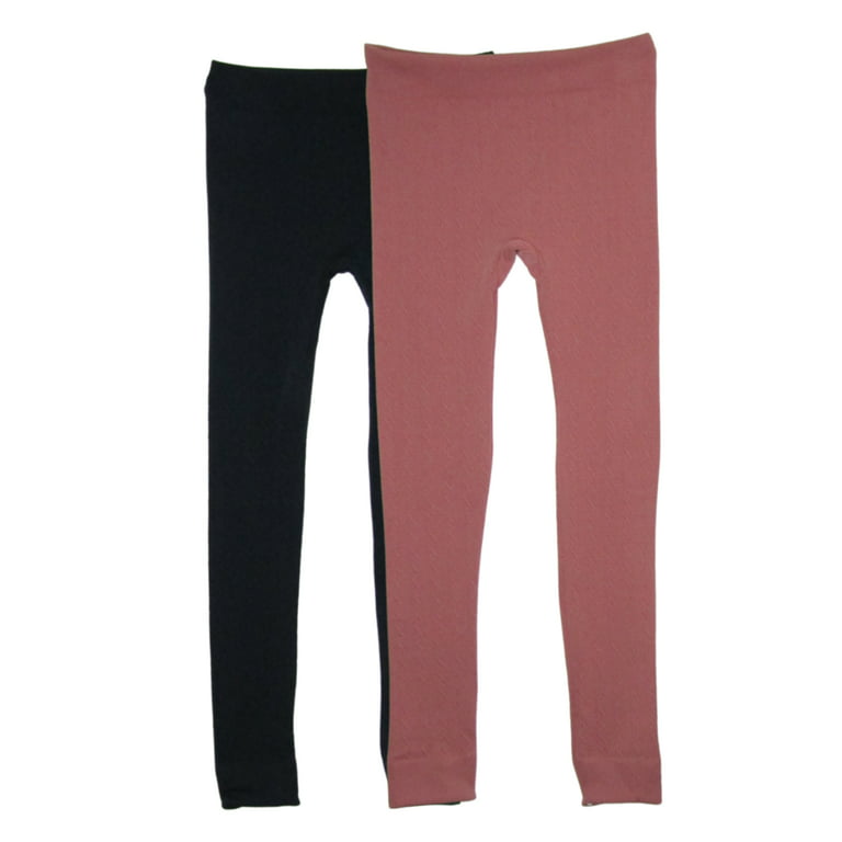 2 Pack Girls Cable Knit Fleece Lined Leggings in Black & Mauve (14 / 16)