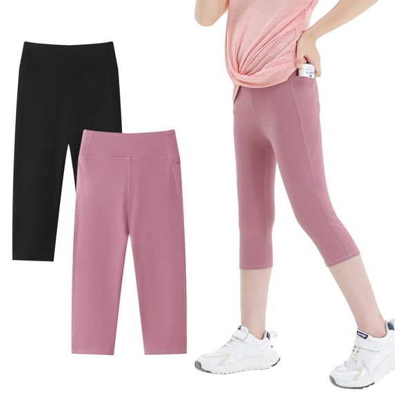 2 Pack Girls Capri Leggings Kids Workout Tights Gym Athletic Dance Yoga 3/4 Legging High Waist Shark Pants 4-13Y