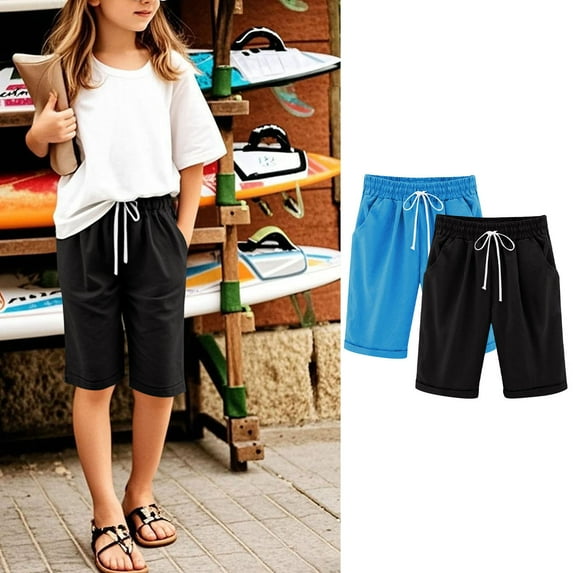 2 Pack Girls Casual Bermuda Shorts Kids Knee Length High Waisted Summer Shorts Comfy Drawstring Short Pants with Pockets
