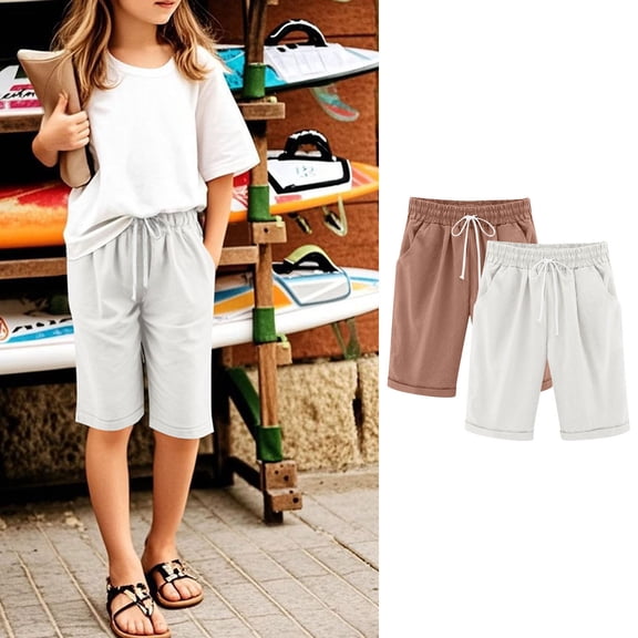 2 Pack Girls Casual Bermuda Shorts Kids Knee Length High Waisted Summer Shorts Comfy Drawstring Short Pants with Pockets